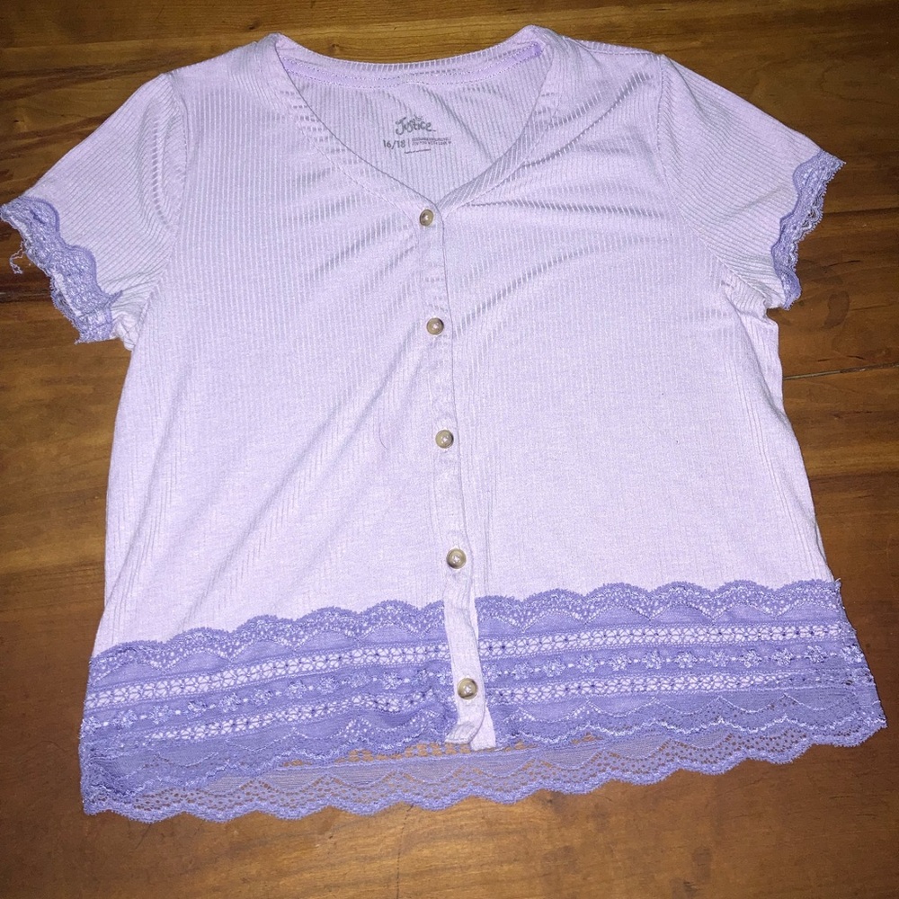 Justice Button-Front Lavender Lace Trim Cardigan